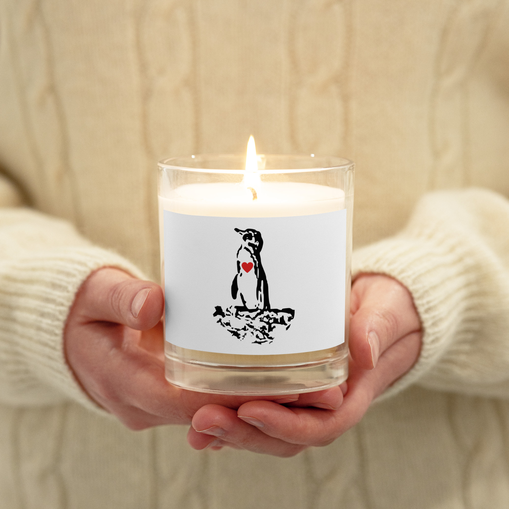 Galapagos Penguin with red heart Glass jar soy wax candle
