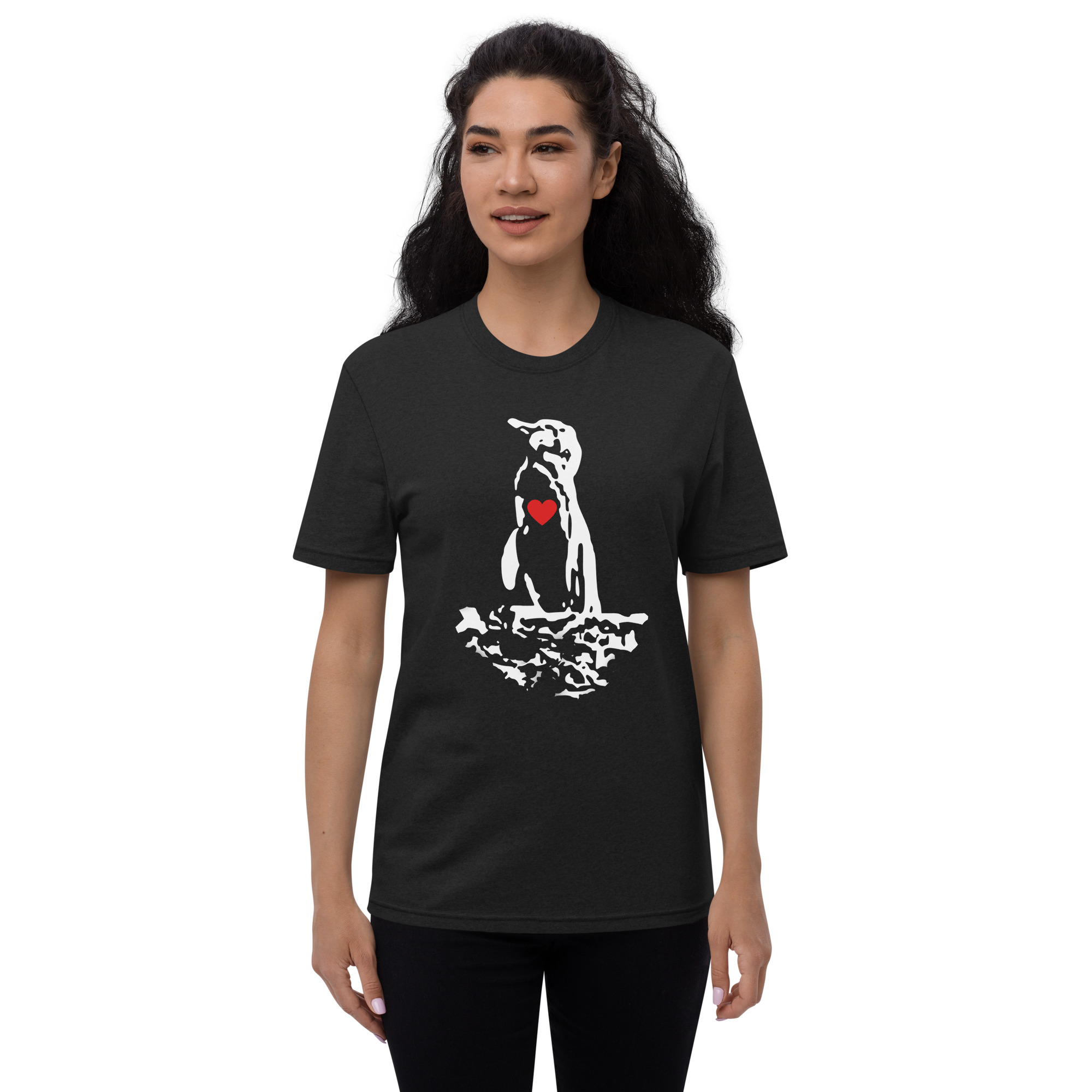Galapagos Penguin white with red heart Unisex Recycled t-shirt